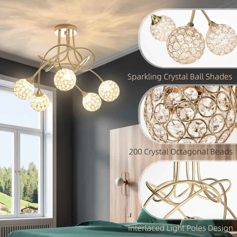 Modern Gold Crystal Chandelier with 5 Ball Lampshades - 5 G9 Bulbs