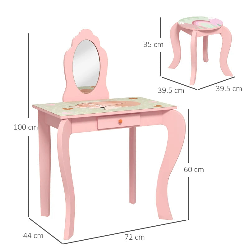 Kids Pink Dressing Table Set with Mirror, Stool, Drawer - Cute Animal Design