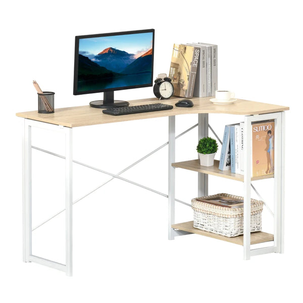 Oak Tone L-Shaped Folding Corner Desk with Storage Shelf