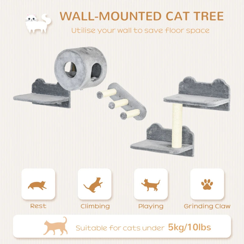 Grey Wall-Mounted Cat Tree with Steps, Perch, Cat House - 4PCs