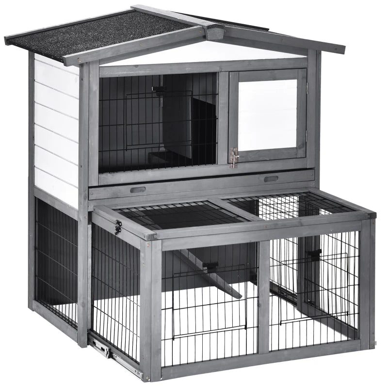 Grey 2 Tier Wooden Small Animal Hutch with Run and Ramp - 101.5 x 90 x 100 cm