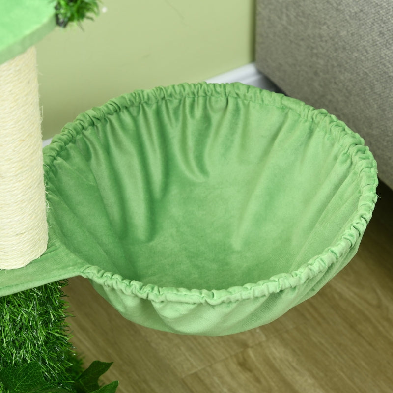 Green Cat Tree with Leaves, Scratching Posts, Hammock - 77cm