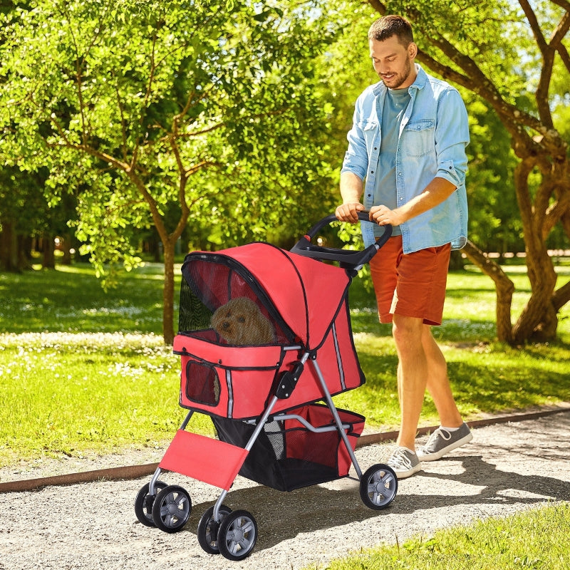 Red Pet Stroller for Small Pets - Foldable Travel Carriage with Wheels