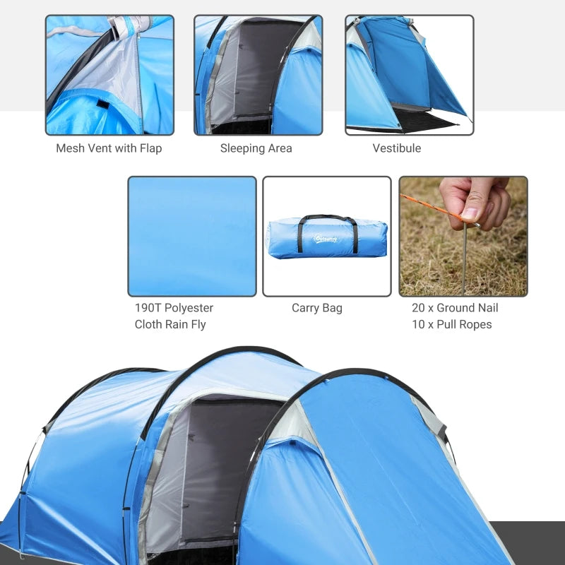 3-Person Blue Tunnel Camping Tent with Vestibule and Rainfly