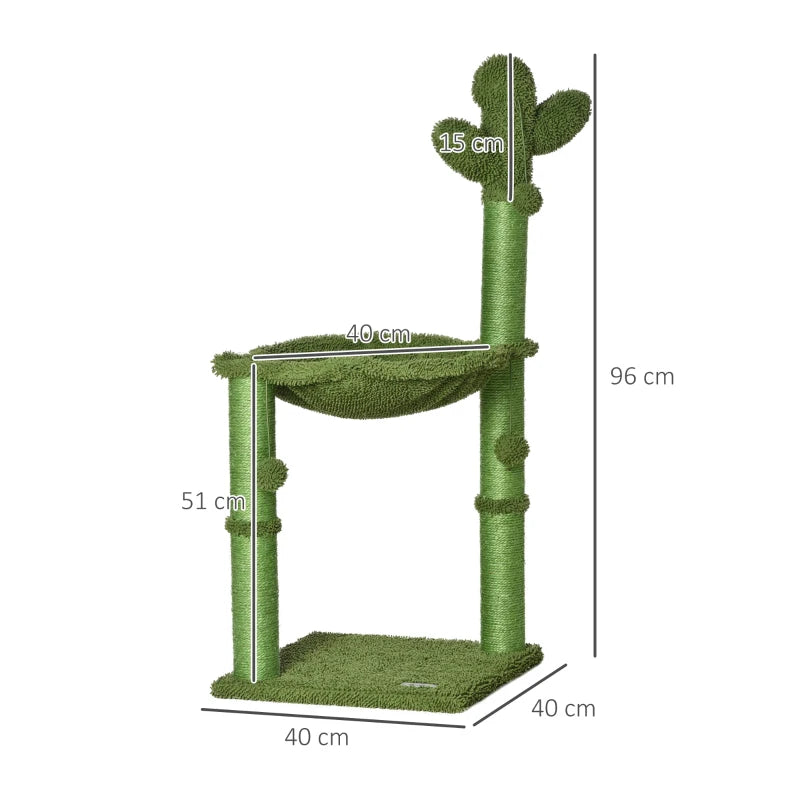 Cat Cactus Tower with Scratching Post, Hammock, Bed & Toy - Green