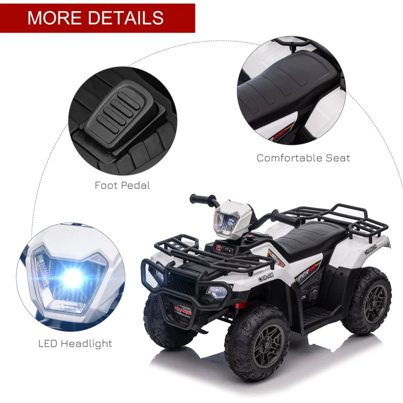 White Kids 12V Quad Bike with Music and LED Lights - Ages 3-5