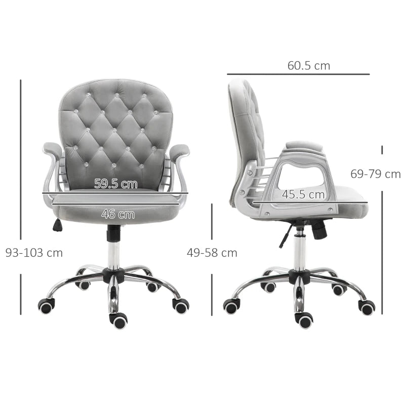 Grey Velvet Swivel Office Chair with Adjustable Height and Wheels