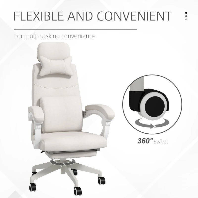 White Linen-Look Office Chair with Reclining Back and Footrest