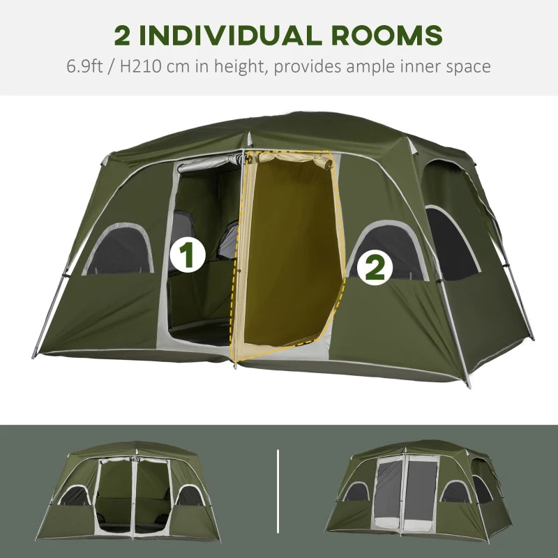 Green 2-Room Family Camping Tent for 4-8 People with Large Mesh Windows