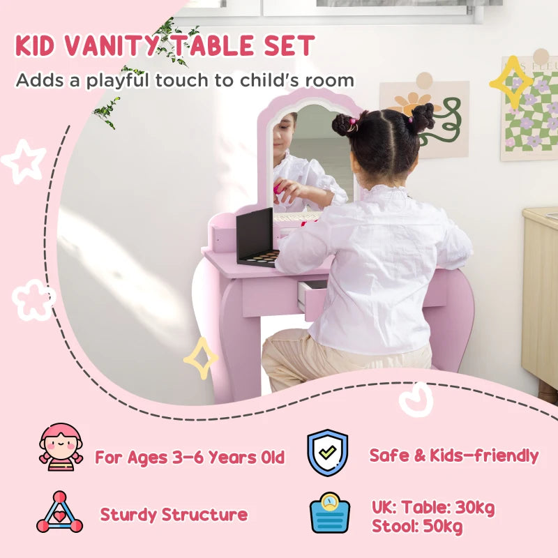 Kids Pink Cloud Vanity Set with Mirror, Stool, Drawer & Storage - Ages 3-6