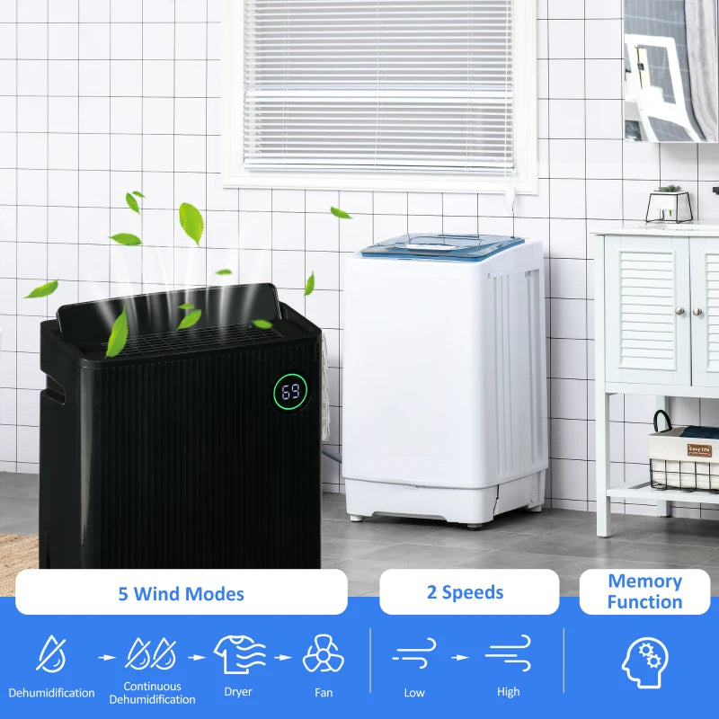 Black Portable Dehumidifier with Air Purifier, UVC, Ioniser, 24H Timer, 5 Modes - 16L/Day