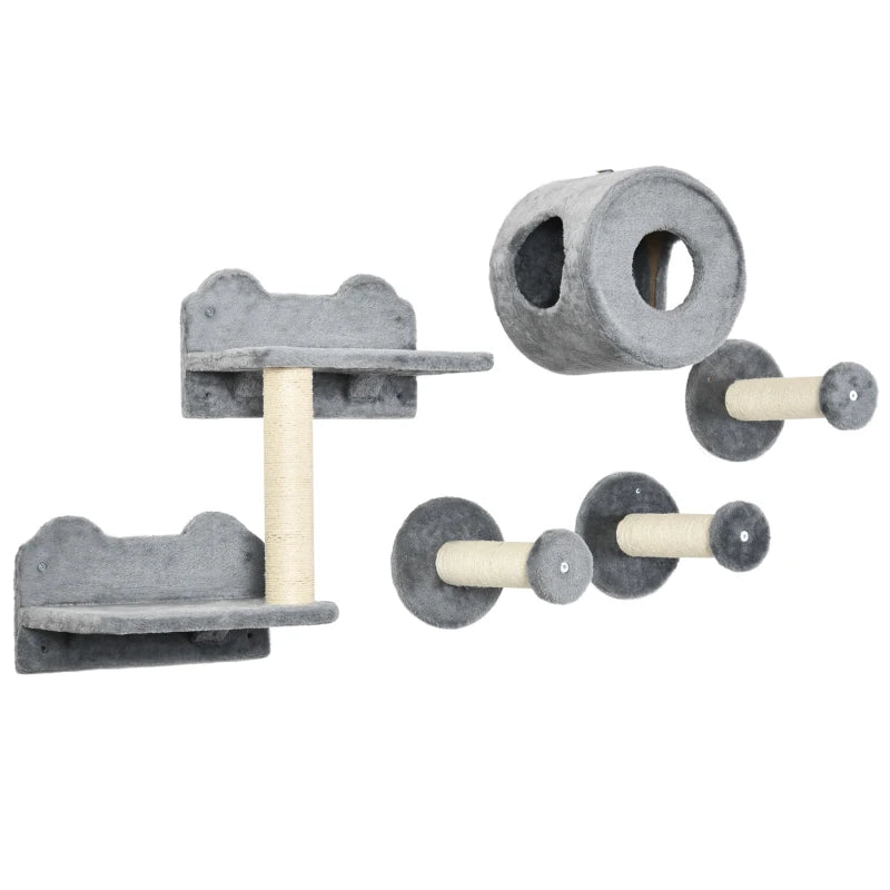 Modern Grey Cat Wall Set with Perch, House & Scratching Post