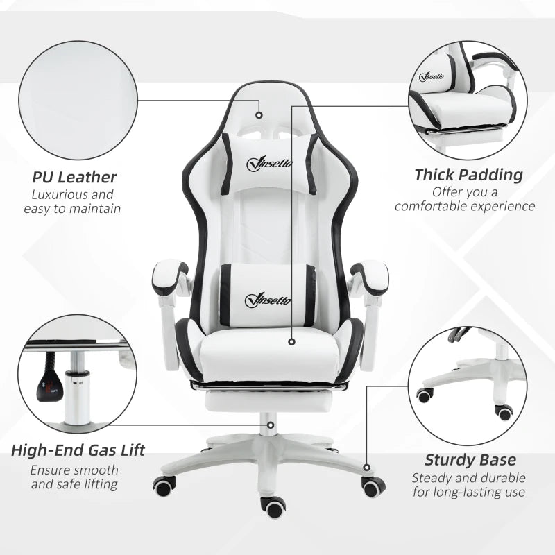 White & Black Racing Gaming Chair with Footrest and Swivel Seat