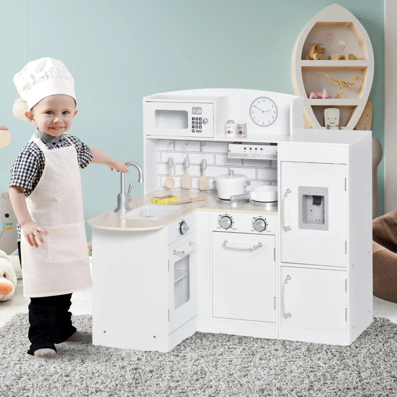 White Kids Wooden Play Kitchen Set with Microwave and Fridge