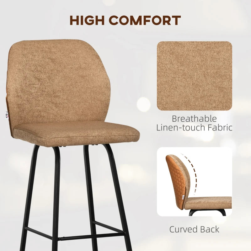 Light Brown Linen Upholstered Bar Stools Set of 2 with Backs