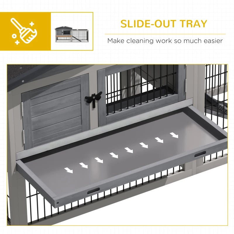 Grey Outdoor Rabbit Hutch with Run, 2-Level Design, Water-Resistant, 150 x 52.5 x 68 cm