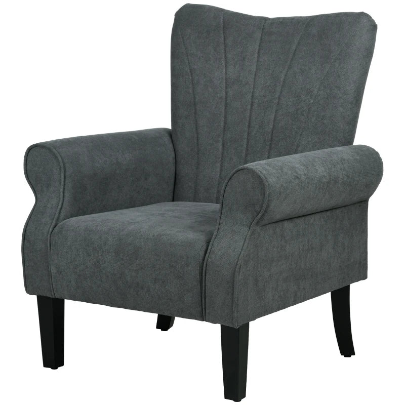 Grey Upholstered High Back Accent Chair with Rolled Arms and Wood Legs