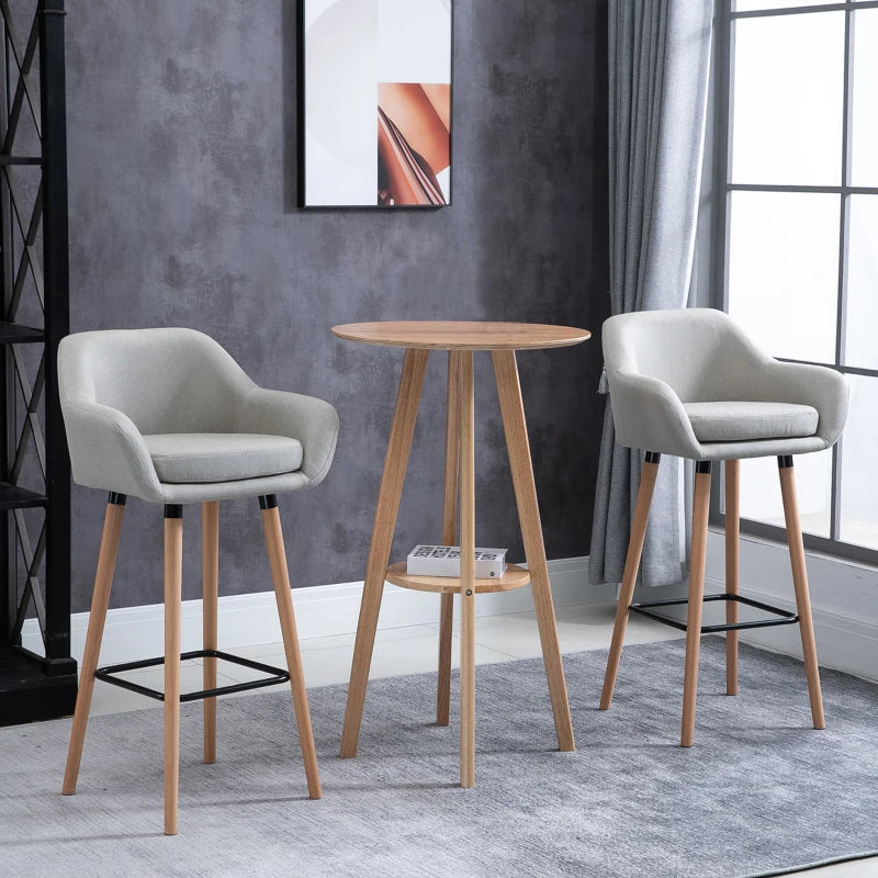 Beige Upholstered Bar Stools Set of 2 - Modern Metal Frame, Solid Wood Legs