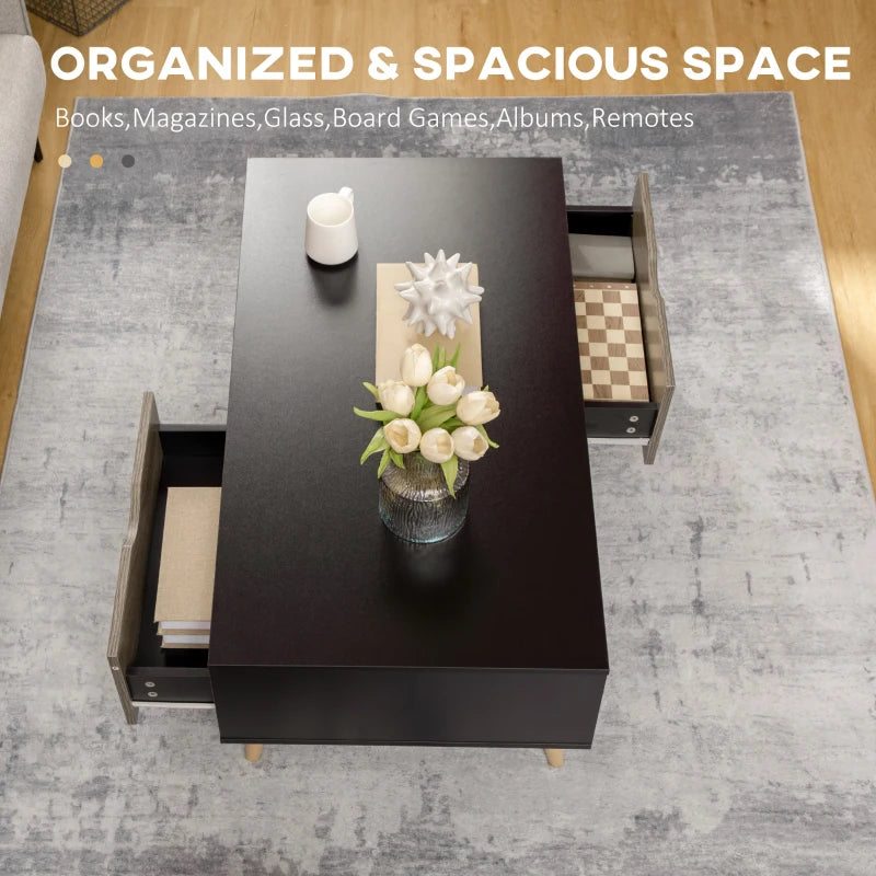 Modern Black Coffee Table with Storage Shelves and Drawers