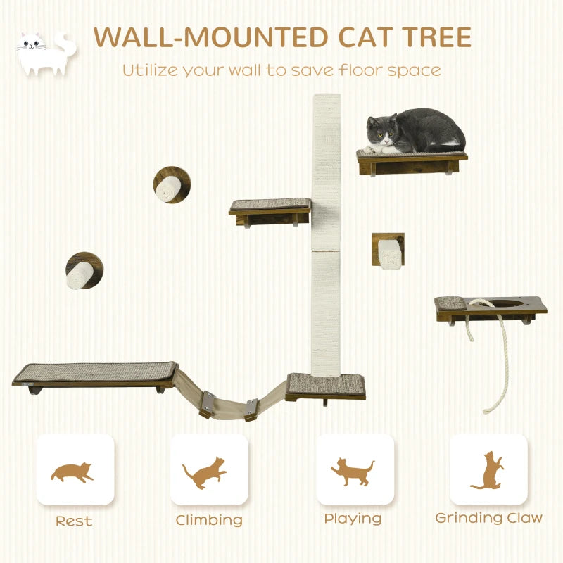 Wall Mounted Cat Tree with Scratching Posts & Perches - Brown