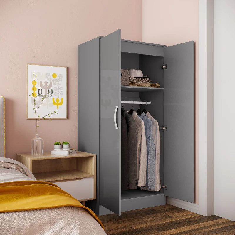 Grey High Gloss 2-Door Wardrobe with Hanging Rod and Storage Shelf