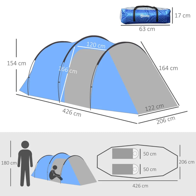 3-Person Blue Tunnel Camping Tent with Vestibule and Rainfly