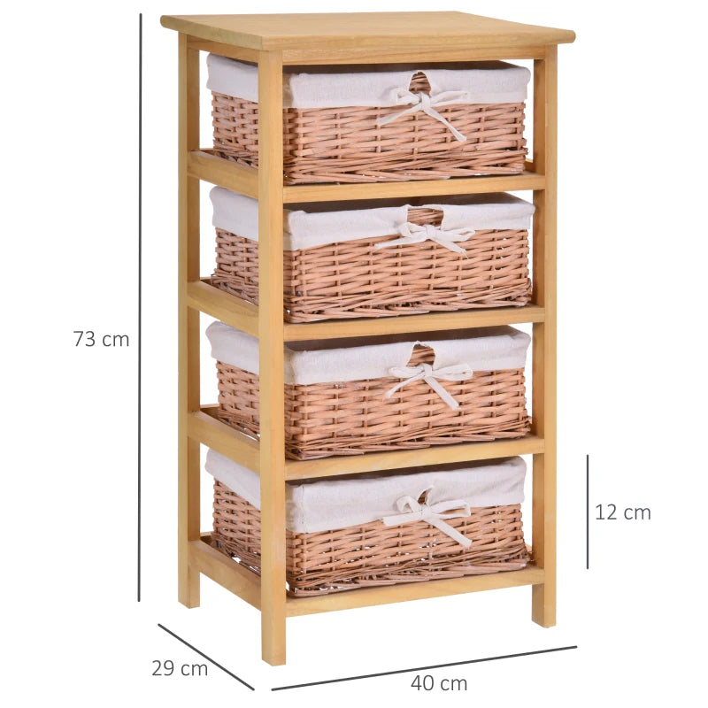 4-Drawer Wicker Basket Storage Unit - Natural Wood Finish