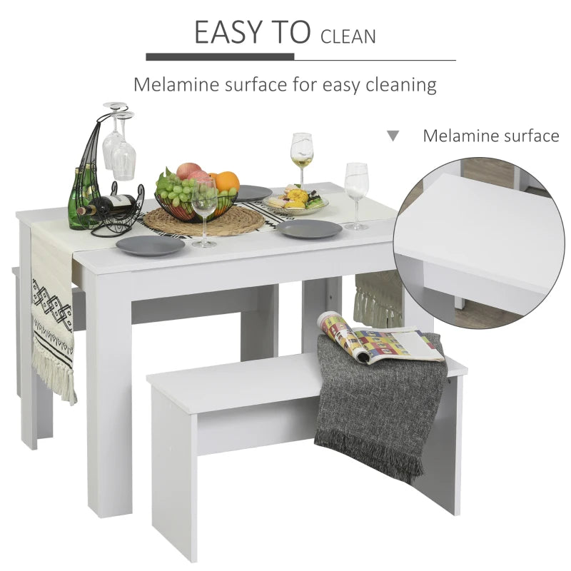White 3-Piece Dining Set with Table and Benches for Compact Spaces