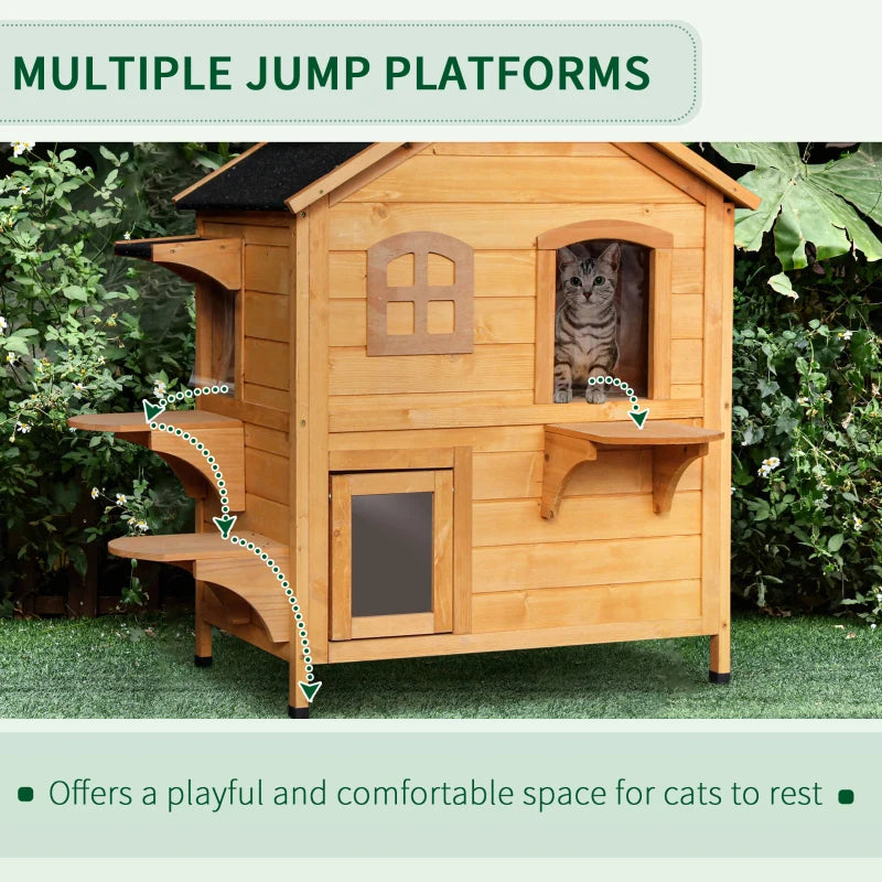 Wooden 2-Story Outdoor Cat House - Weatherproof, Natural Wood Finish