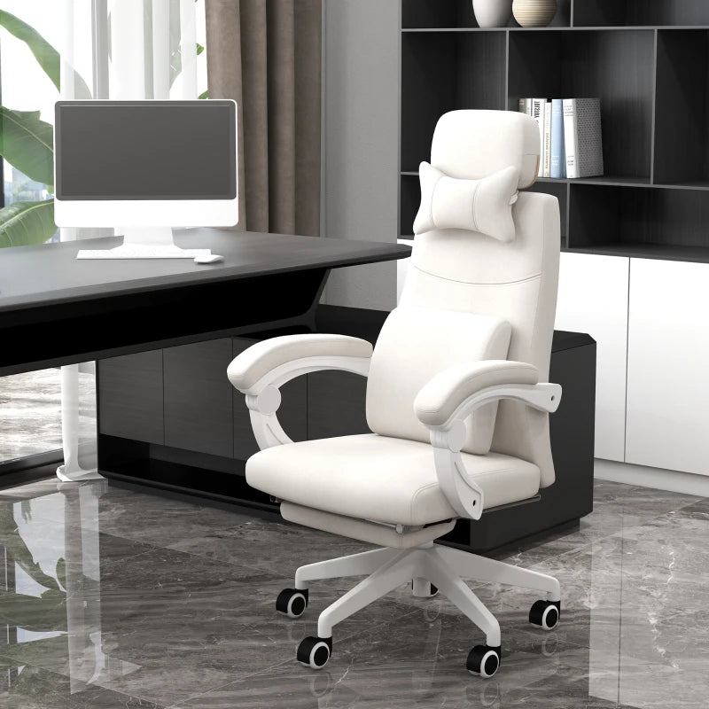 White Linen-Look Office Chair with Reclining Back and Footrest