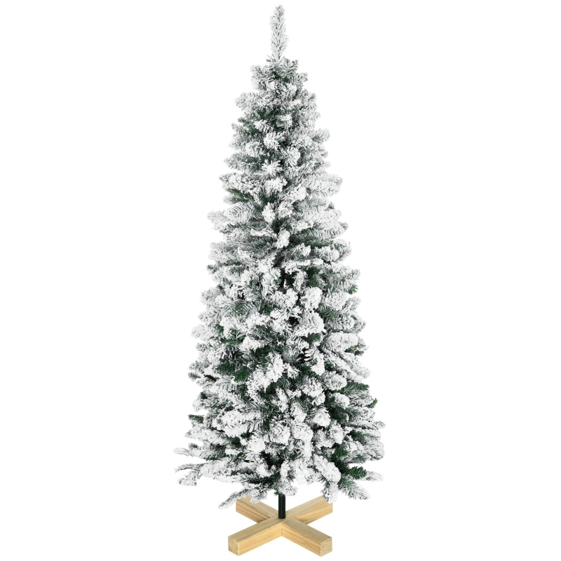 5 Ft Snow Flocked Green Christmas Pencil Tree, Realistic Branches, Auto Open