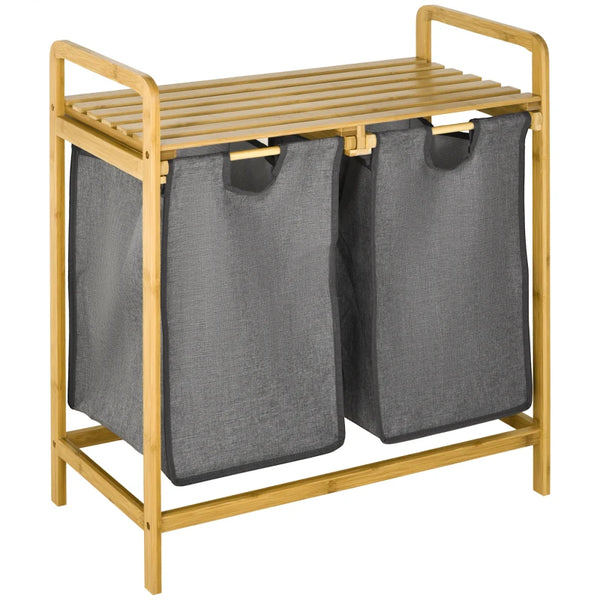 Grey Bamboo Laundry Hamper with Pull-out Bags, Shelf - 64 x 33 x 73 cm