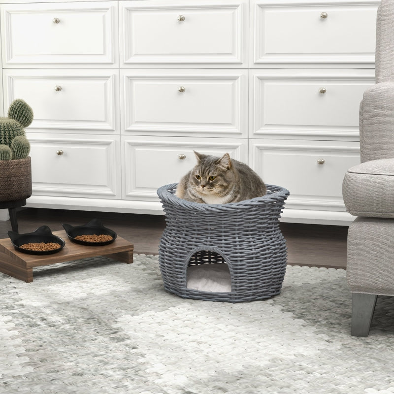 Grey Wicker 2-Tier Cat House Bed with Washable Cushions