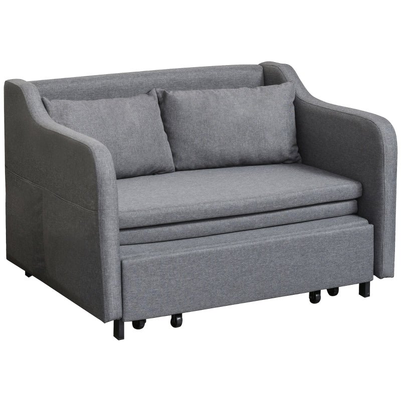 Grey 2 Seater Sofa Bed with Pillows and Side Pockets