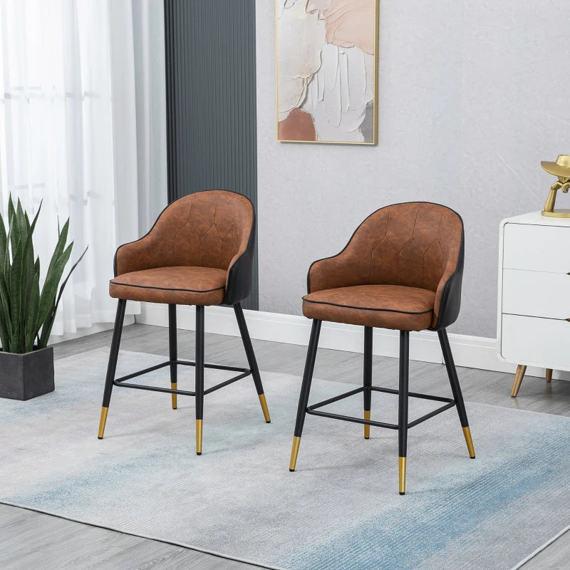 Brown Upholstered Leather Bar Stools Set of 2 with Tufted Back