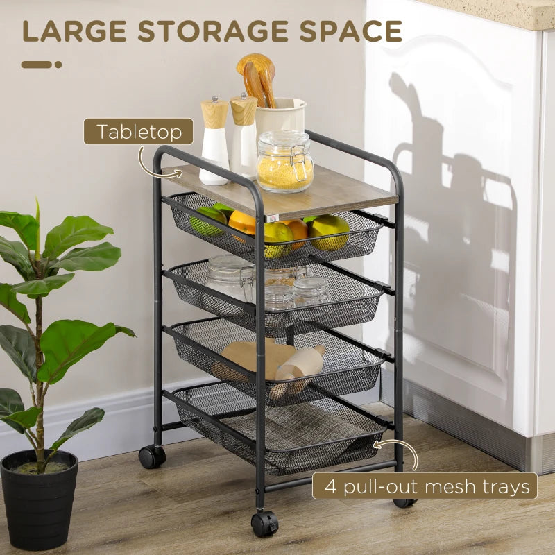 Black Rolling Utility Storage Trolley with 4 Mesh Trays