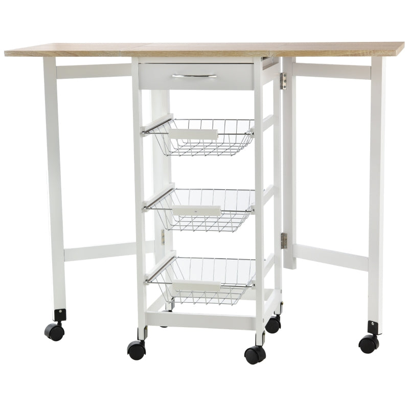 White Oak Drop-Leaf Kitchen Cart Trolley with Baskets and Drawer