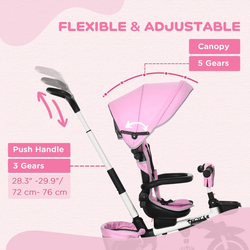 3-in-1 Pink Kids Tricycle with Rotating Seat & Adjustable Handle