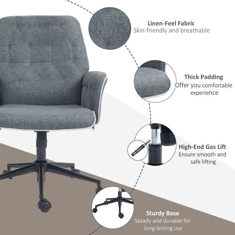 Dark Grey Linen Swivel Computer Chair with Armrest & Adjustable Height