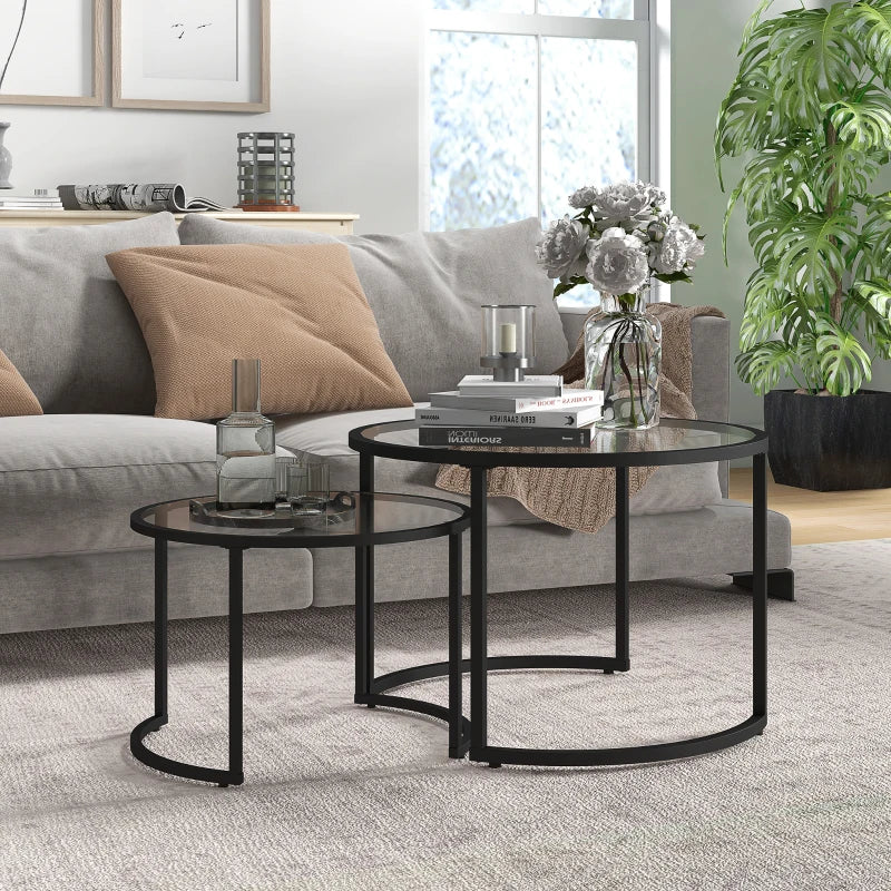 Modern Black Glass Nesting Coffee Tables Set