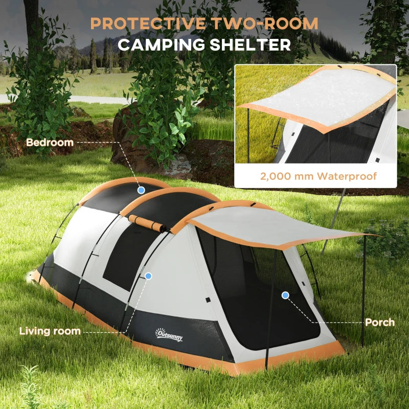 Orange 3-Person Camping Tent with 2 Rooms and Porch