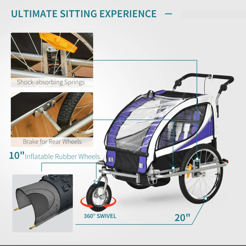 Child Bike Trailer Purple 360° Rotatable for 2 Kids Steel Frame LED Hitch