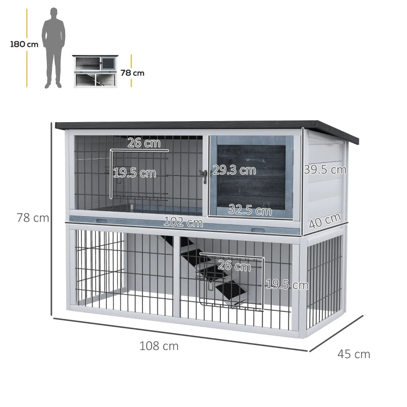 Grey 2-Tier Wooden Small Animal House with Openable Roof, 108 x 45 x 78 cm