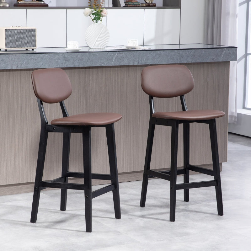 Brown Faux Leather Breakfast Bar Stools Set of 2 with Backs and Solid Wood Legs