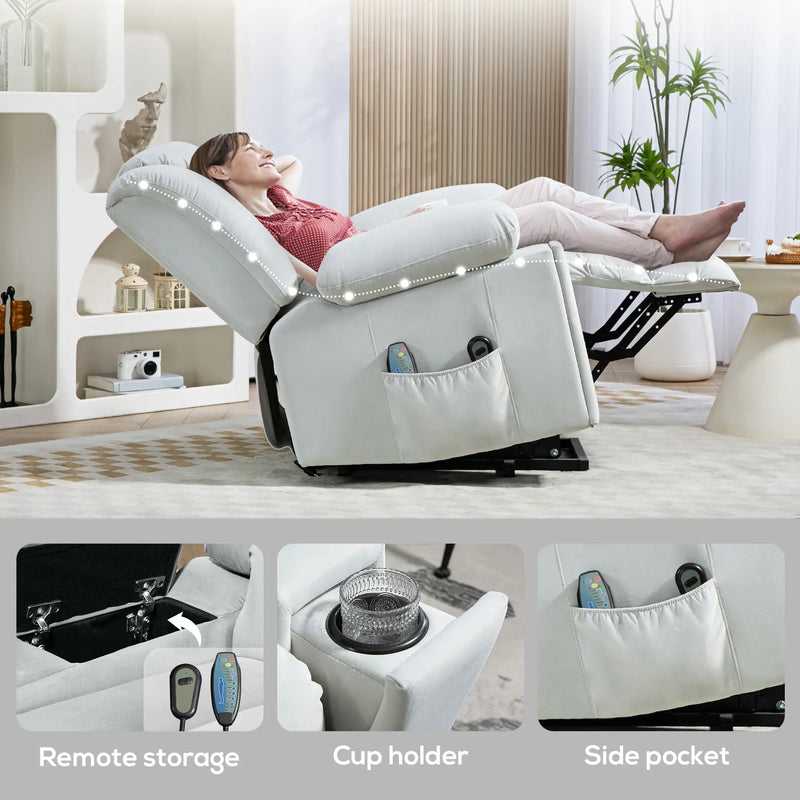 Light Grey Power Lift Recliner Chair with Vibration Massage and Heat Function