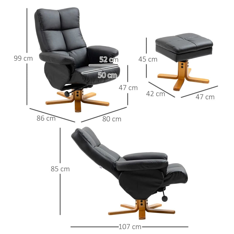 Black Swivel Recliner Armchair with Ottoman and Storage Footstool