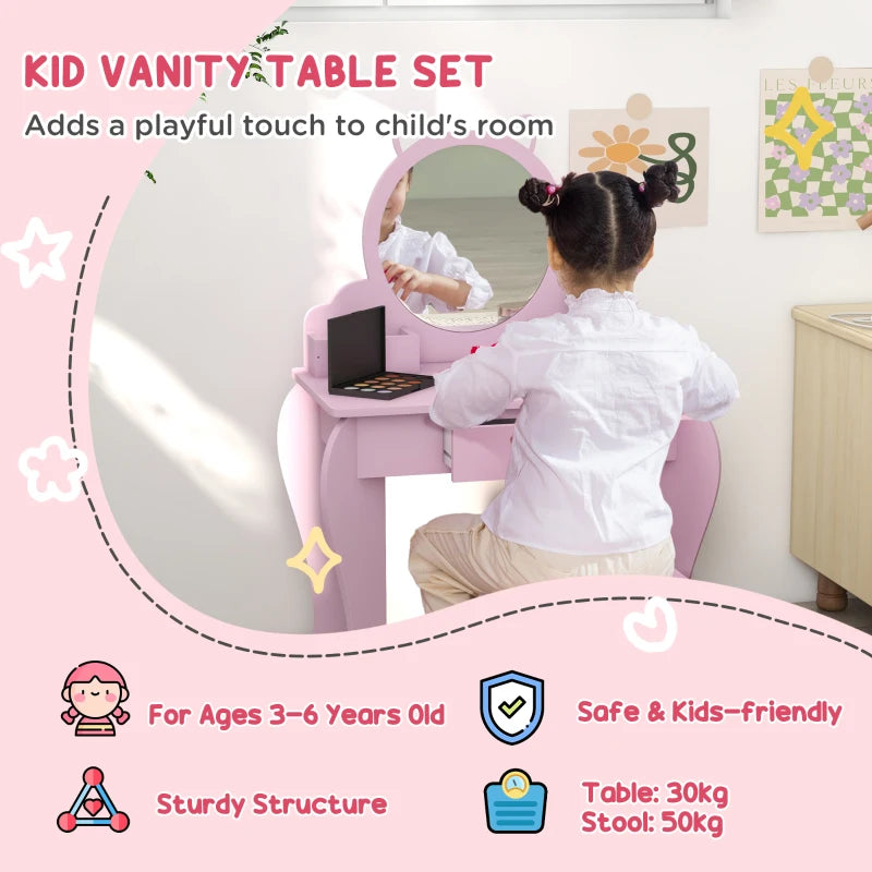 Kids Pink Cat Vanity Set with Mirror, Stool, Drawer & Storage - Ages 3-6