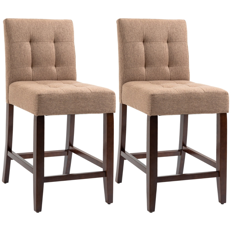 Brown Fabric Bar Stools Set of 2, Tufted Back, Wood Legs