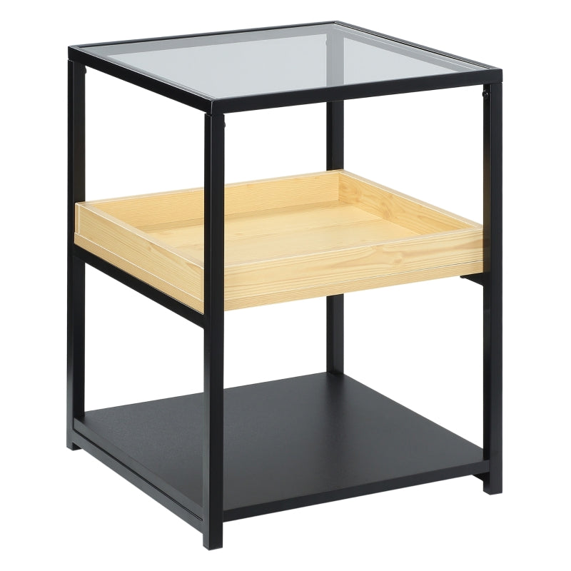 Black Glass 3-Tier Side Table with Storage Shelves