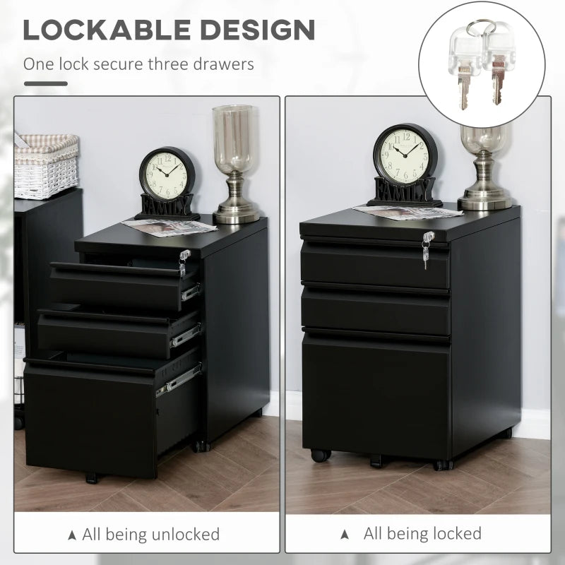 Black 3-Drawer Lockable Metal File Cabinet for Letter A4 Legal Size